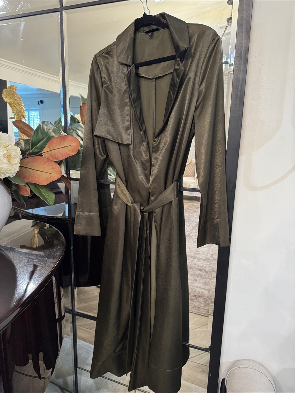 Topshop Olive Green Satin Long Coat with Waist Tie